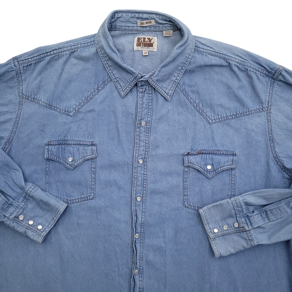 Ely Cattleman Shirt Mens 3XL Blue Denim Western Pearl Snap Cowboy Rodeo Big Man